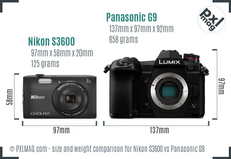 Nikon S3600 vs Panasonic G9 size comparison