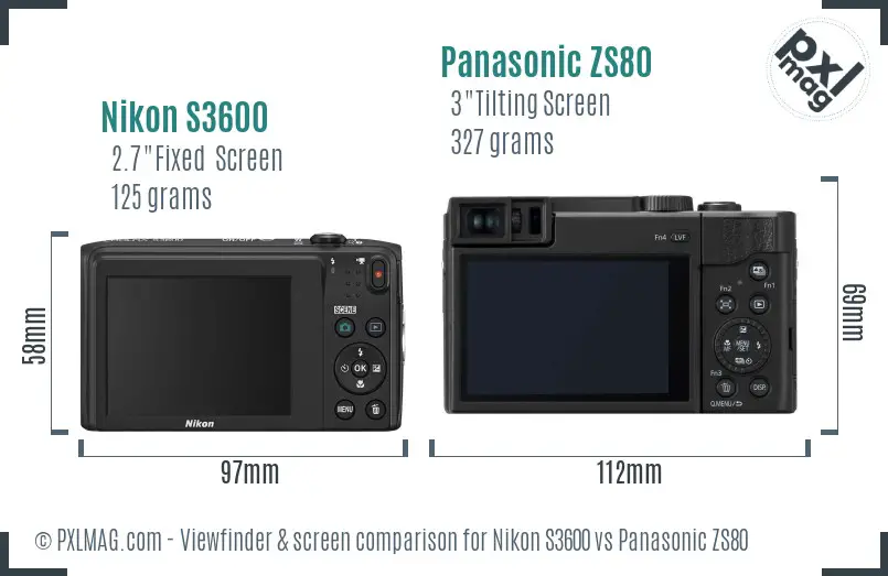 Nikon S3600 vs Panasonic ZS80 Screen and Viewfinder comparison