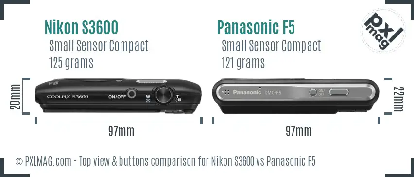 Nikon S3600 vs Panasonic F5 top view buttons comparison