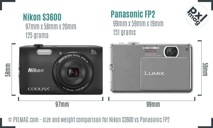 Nikon S3600 vs Panasonic FP2 size comparison