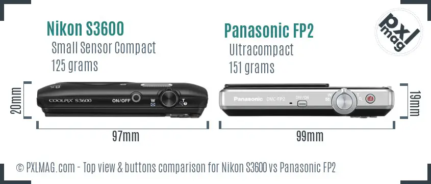 Nikon S3600 vs Panasonic FP2 top view buttons comparison