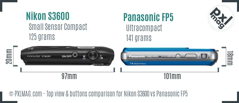 Nikon S3600 vs Panasonic FP5 top view buttons comparison