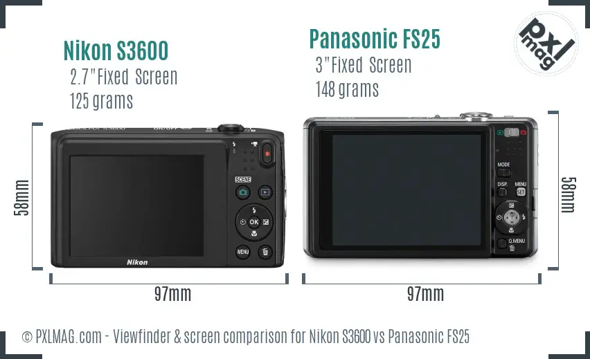 Nikon S3600 vs Panasonic FS25 Screen and Viewfinder comparison