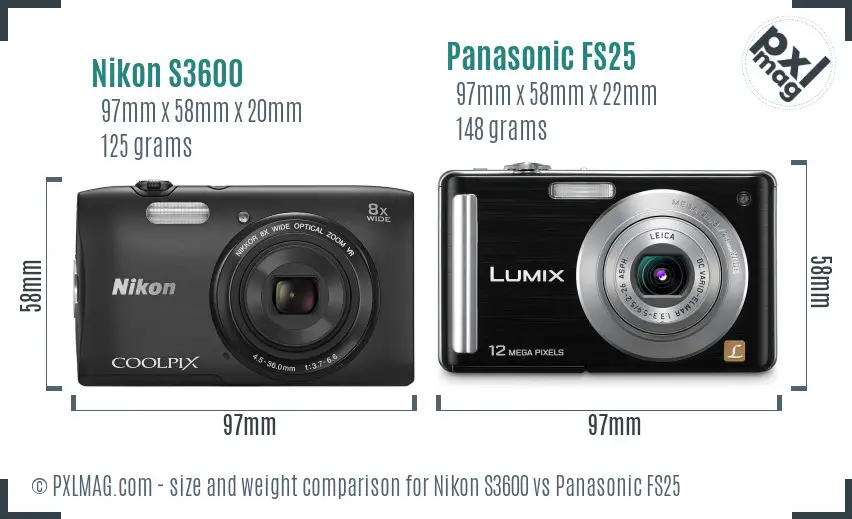 Nikon S3600 vs Panasonic FS25 size comparison
