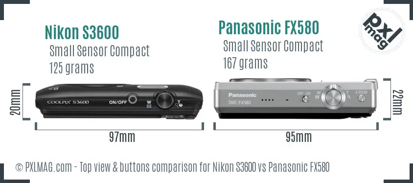 Nikon S3600 vs Panasonic FX580 top view buttons comparison Nikon S3600 vs Panasonic FX580 top view buttons comparison