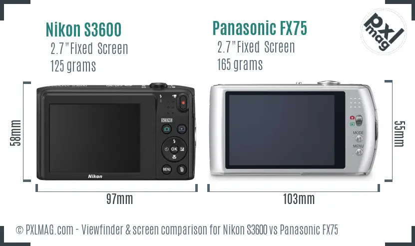 Nikon S3600 vs Panasonic FX75 Screen and Viewfinder comparison