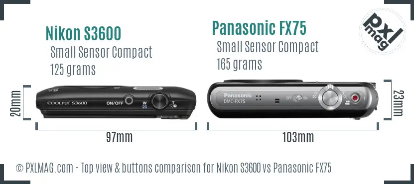 Nikon S3600 vs Panasonic FX75 top view buttons comparison
