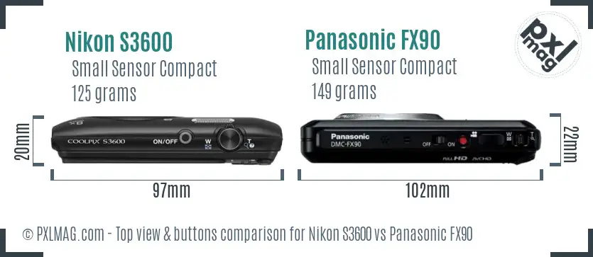 Nikon S3600 vs Panasonic FX90 top view buttons comparison