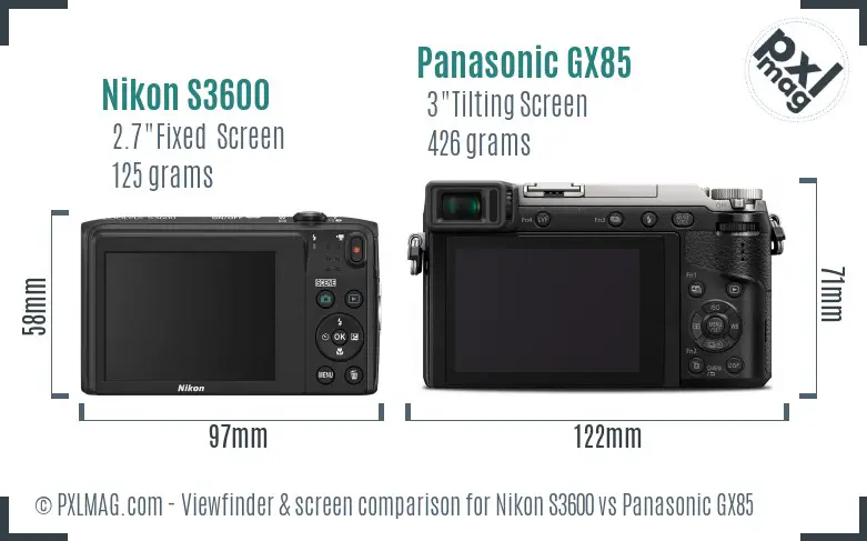 Nikon S3600 vs Panasonic GX85 Screen and Viewfinder comparison