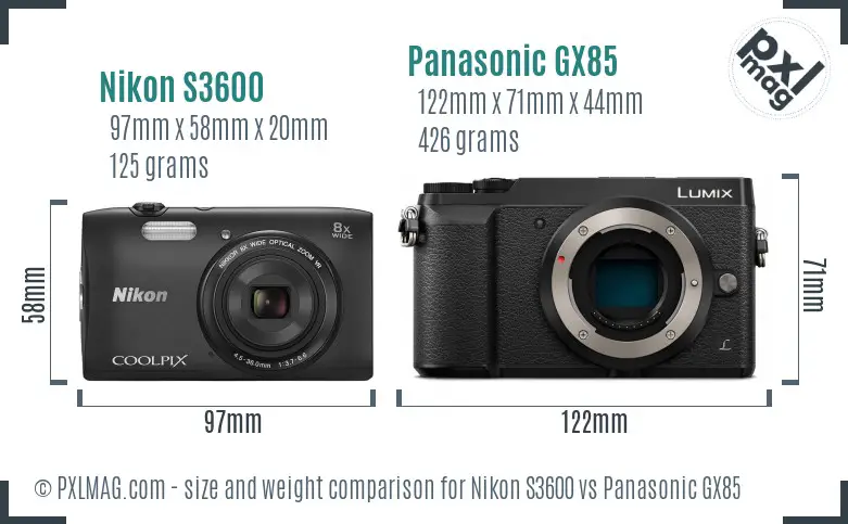 Nikon S3600 vs Panasonic GX85 size comparison