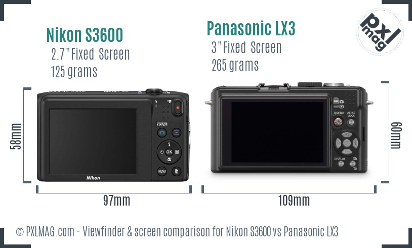 Nikon S3600 vs Panasonic LX3 Screen and Viewfinder comparison