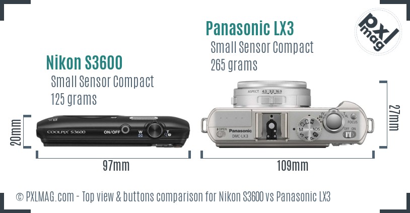 Nikon S3600 vs Panasonic LX3 top view buttons comparison