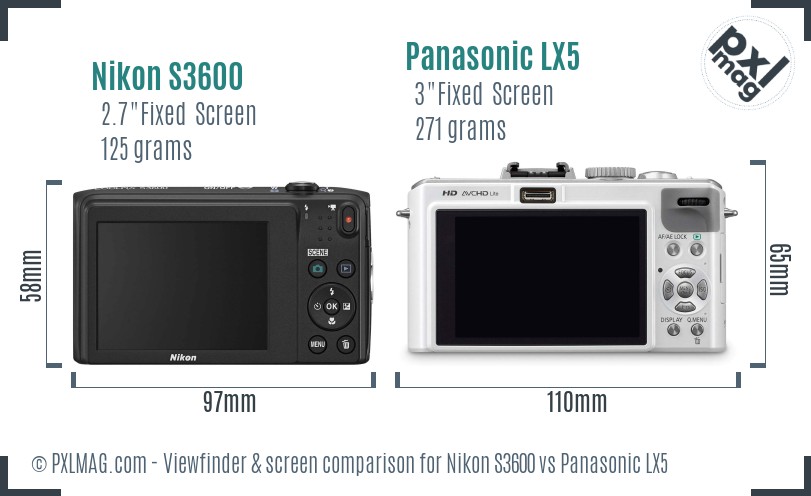 Nikon S3600 vs Panasonic LX5 Screen and Viewfinder comparison
