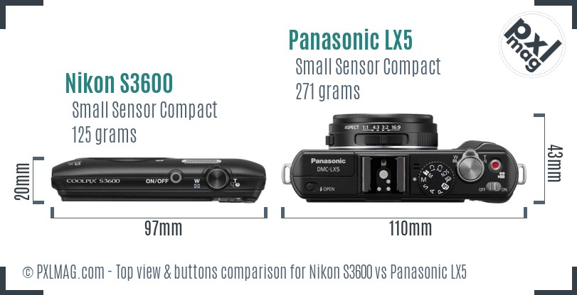 Nikon S3600 vs Panasonic LX5 top view buttons comparison
