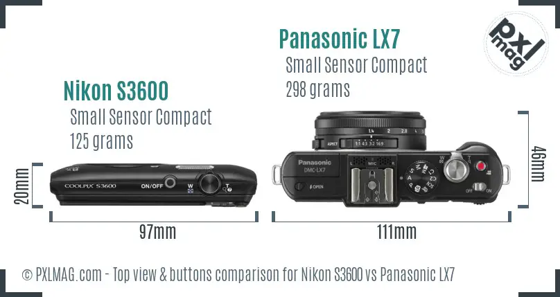 Nikon S3600 vs Panasonic LX7 top view buttons comparison