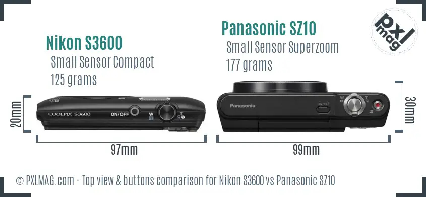 Nikon S3600 vs Panasonic SZ10 top view buttons comparison Nikon S3600 vs Panasonic SZ10 top view buttons comparison