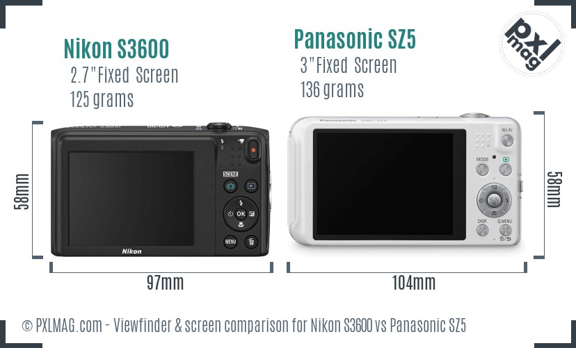 Nikon S3600 vs Panasonic SZ5 Screen and Viewfinder comparison