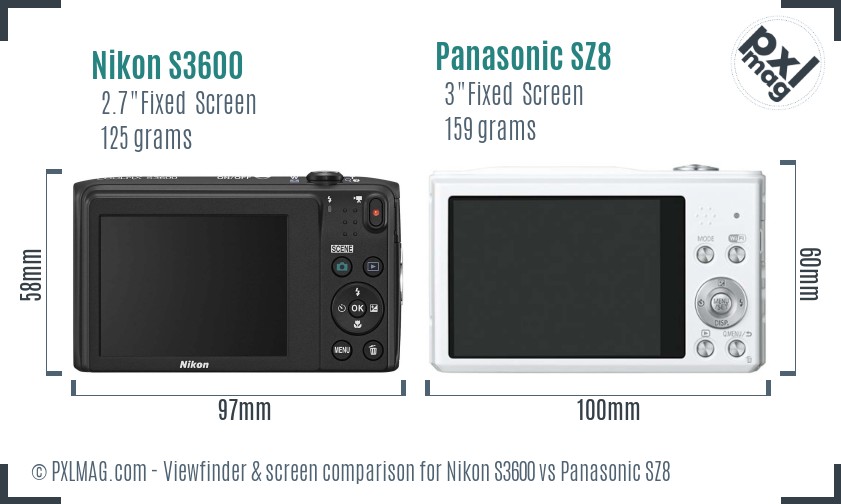 Nikon S3600 vs Panasonic SZ8 Screen and Viewfinder comparison