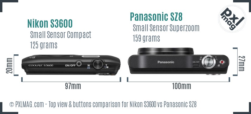 Nikon S3600 vs Panasonic SZ8 top view buttons comparison