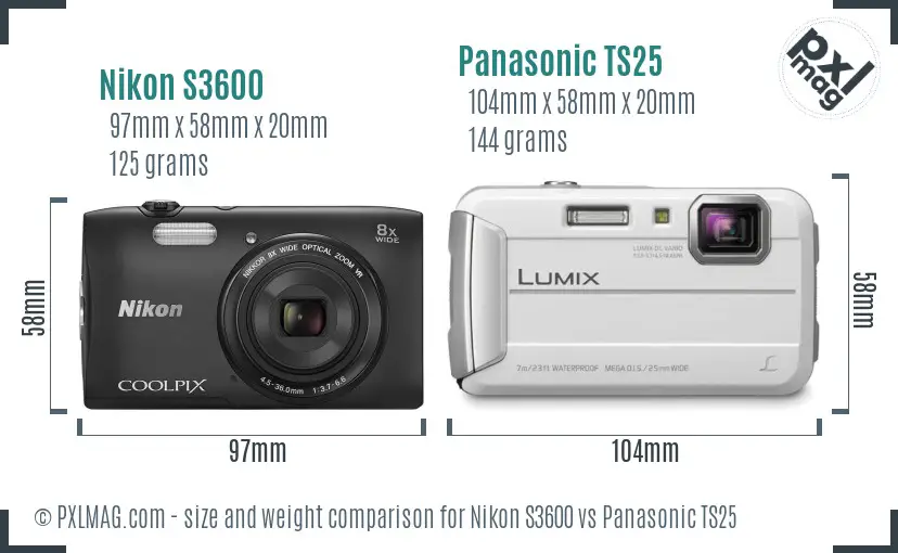 Nikon S3600 vs Panasonic TS25 size comparison