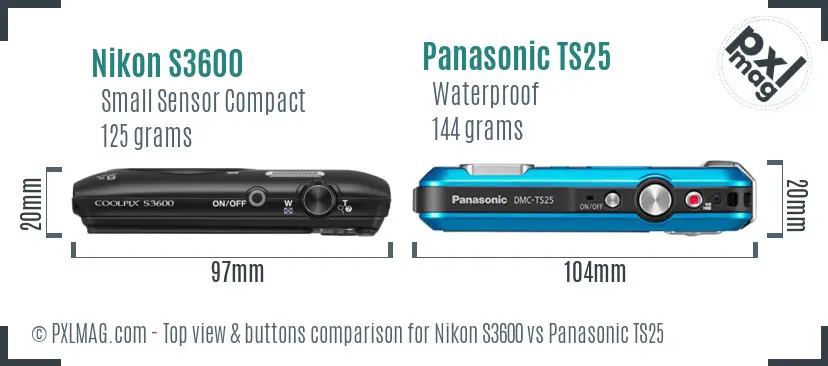 Nikon S3600 vs Panasonic TS25 top view buttons comparison