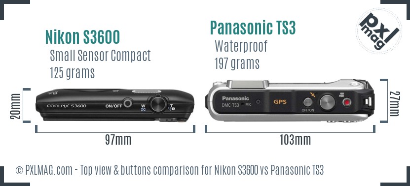 Nikon S3600 vs Panasonic TS3 top view buttons comparison