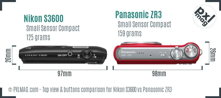 Nikon S3600 vs Panasonic ZR3 top view buttons comparison