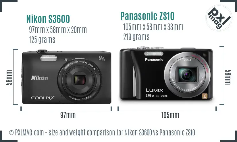 Nikon S3600 vs Panasonic ZS10 size comparison