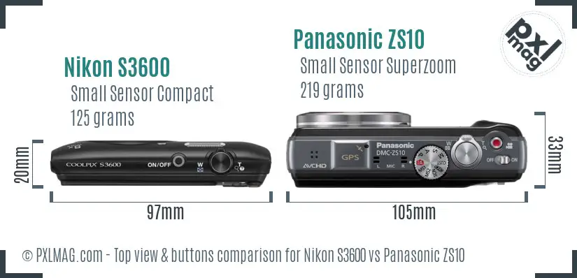 Nikon S3600 vs Panasonic ZS10 top view buttons comparison