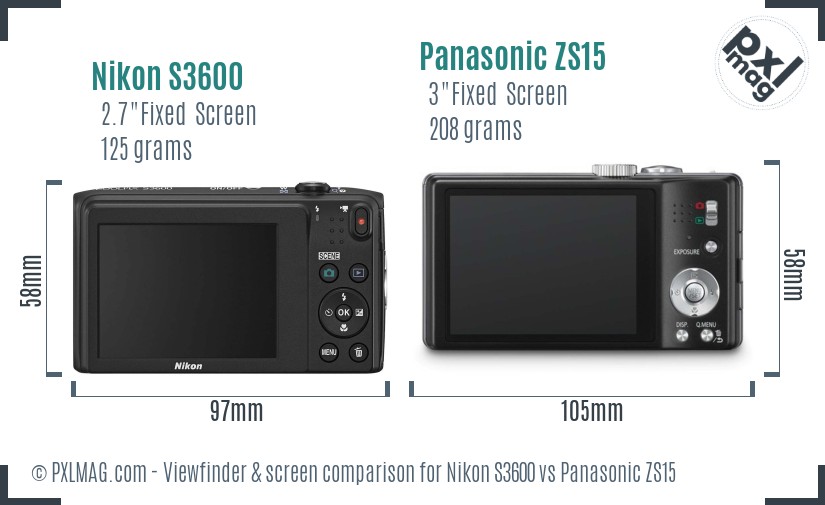 Nikon S3600 vs Panasonic ZS15 Screen and Viewfinder comparison
