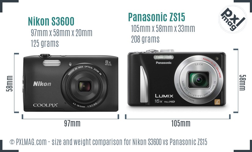 Nikon S3600 vs Panasonic ZS15 size comparison