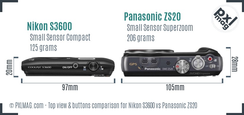 Nikon S3600 vs Panasonic ZS20 top view buttons comparison