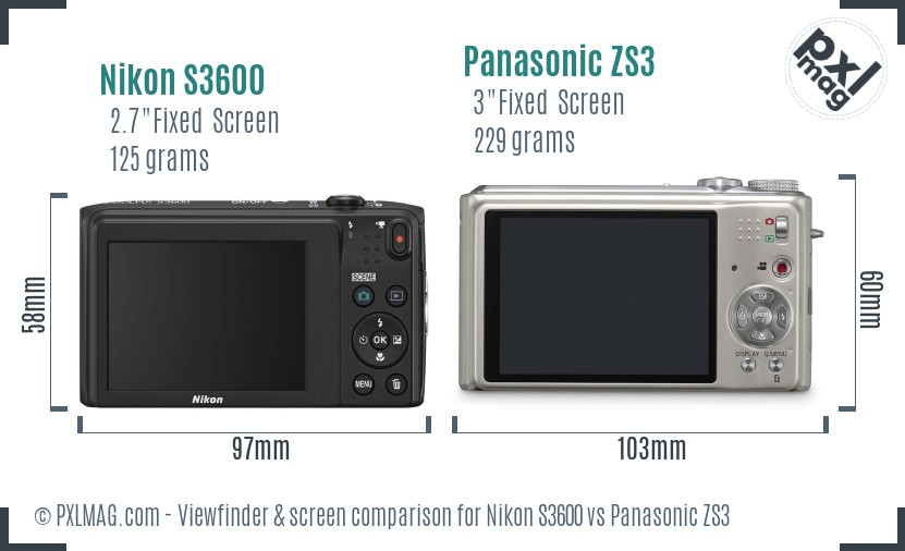 Nikon S3600 vs Panasonic ZS3 Screen and Viewfinder comparison