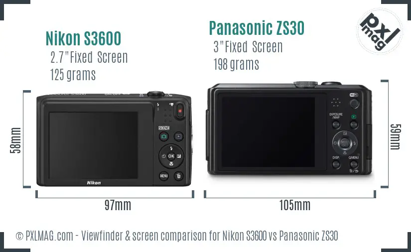 Nikon S3600 vs Panasonic ZS30 Screen and Viewfinder comparison