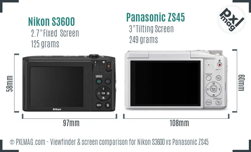 Nikon S3600 vs Panasonic ZS45 Screen and Viewfinder comparison