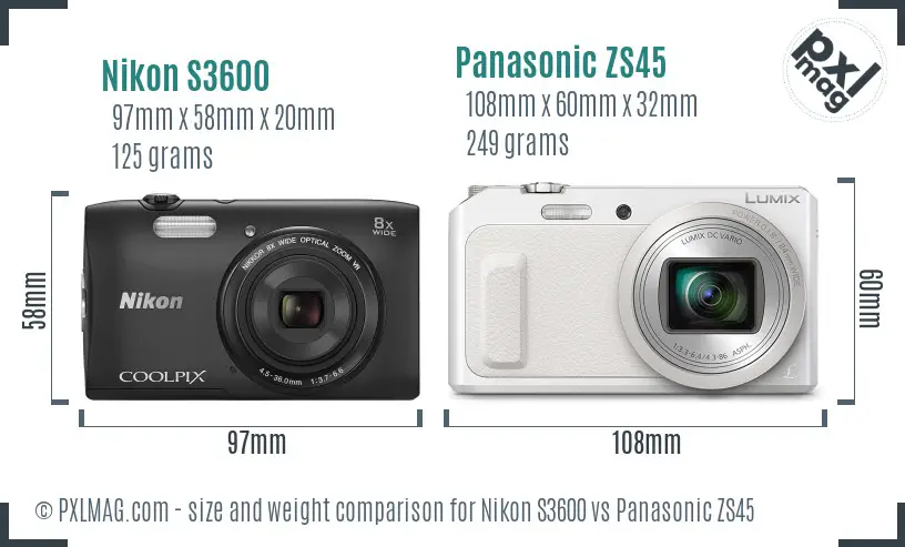 Nikon S3600 vs Panasonic ZS45 size comparison