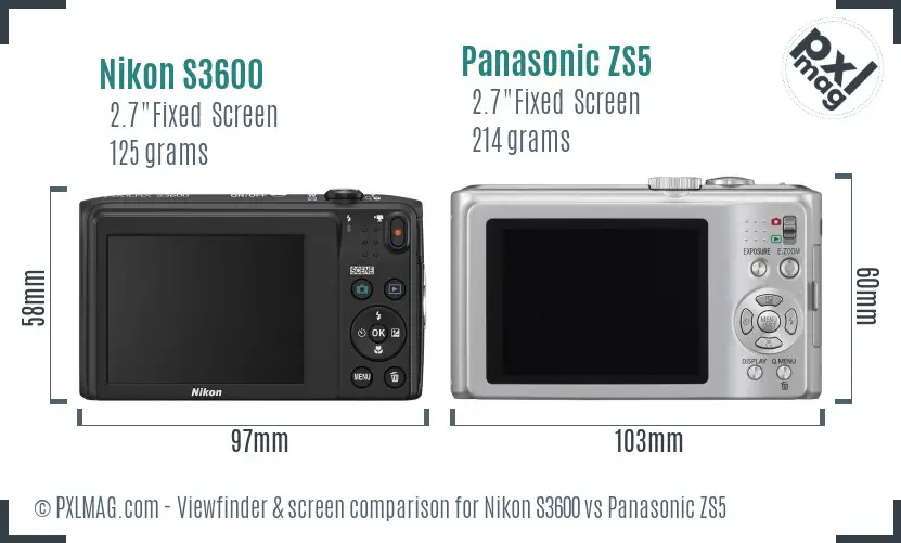 Nikon S3600 vs Panasonic ZS5 Screen and Viewfinder comparison