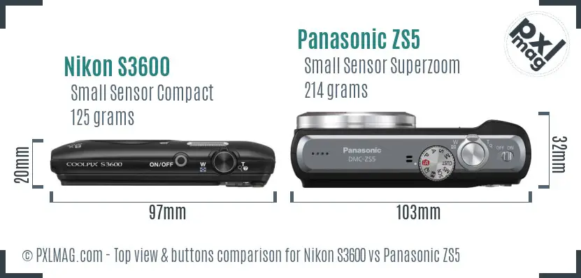 Nikon S3600 vs Panasonic ZS5 top view buttons comparison