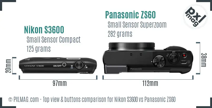 Nikon S3600 vs Panasonic ZS60 top view buttons comparison Nikon S3600 vs Panasonic ZS60 top view buttons comparison
