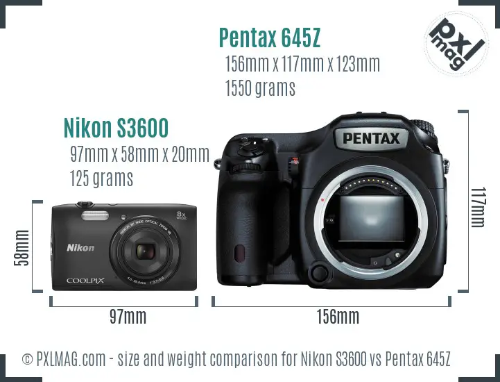 Nikon S3600 vs Pentax 645Z size comparison