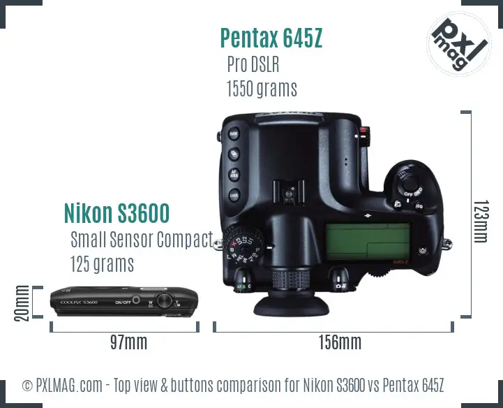 Nikon S3600 vs Pentax 645Z top view buttons comparison