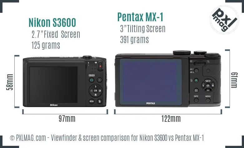 Nikon S3600 vs Pentax MX-1 Screen and Viewfinder comparison