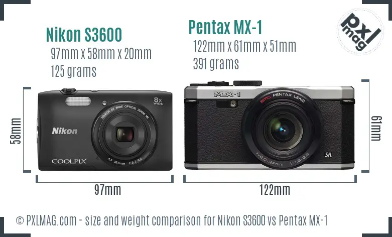 Nikon S3600 vs Pentax MX-1 size comparison