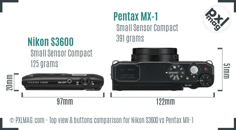 Nikon S3600 vs Pentax MX-1 top view buttons comparison