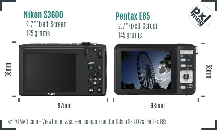 Nikon S3600 vs Pentax E85 Screen and Viewfinder comparison