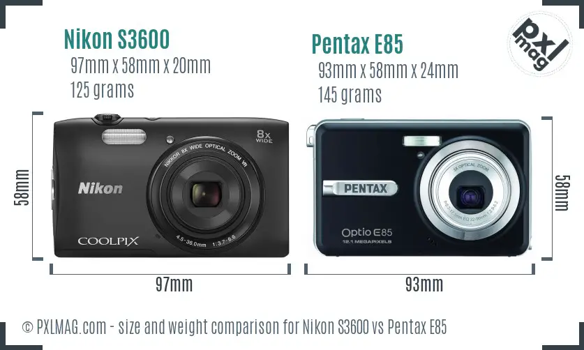 Nikon S3600 vs Pentax E85 size comparison
