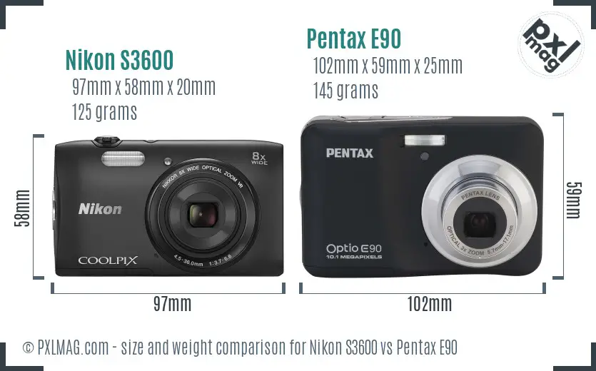 Nikon S3600 vs Pentax E90 size comparison