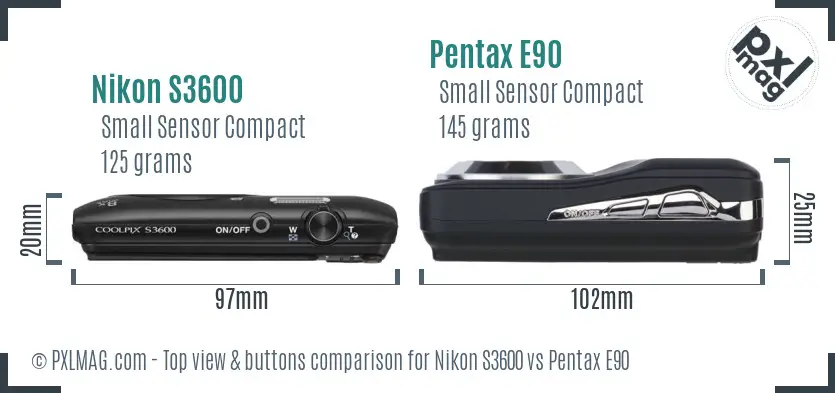 Nikon S3600 vs Pentax E90 top view buttons comparison