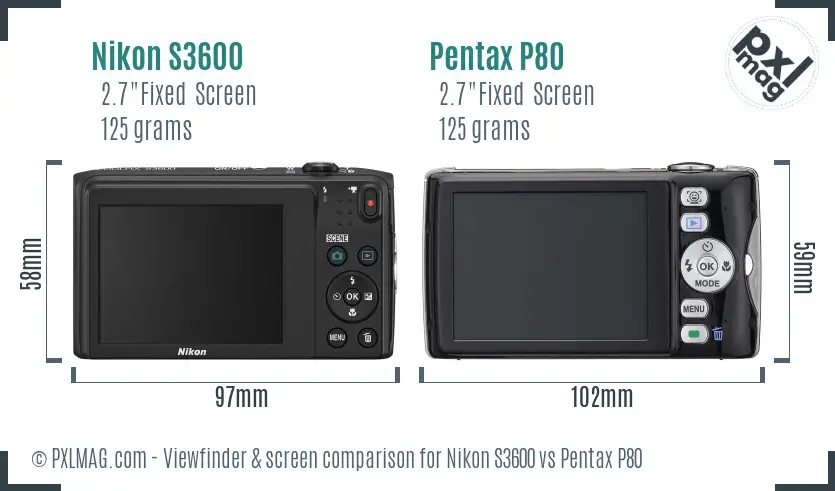 Nikon S3600 vs Pentax P80 Screen and Viewfinder comparison