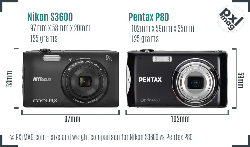 Nikon S3600 vs Pentax P80 size comparison